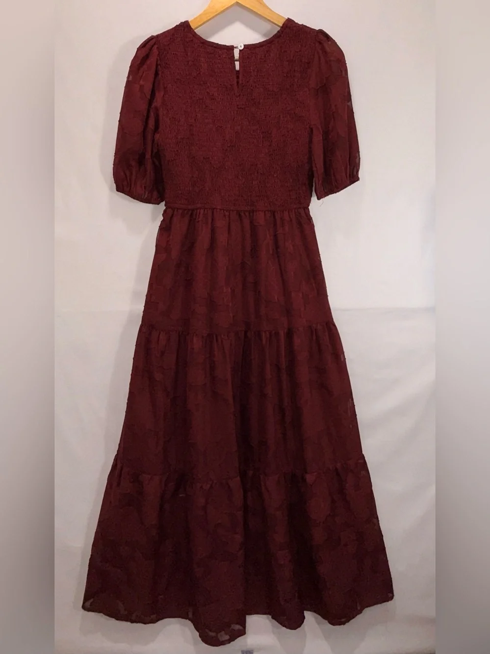 Women's Burgundy Maxi Dress with Puff Sleeves - Picture 3 of 4